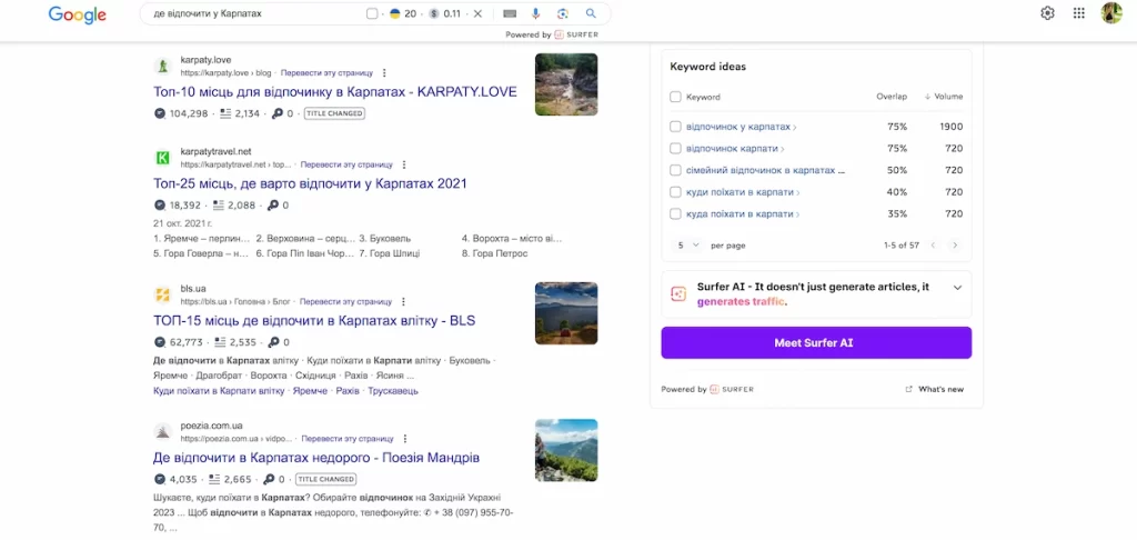 Розширення Surfer SEO для пошуку ключових слів